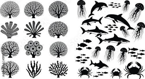 Black marine life and coral silhouettes collection, ocean animals and botanical forms illustration set, isolated underwater nature design elements