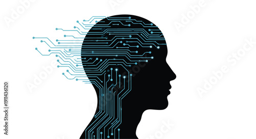 Futuristic human head with circuit board and glowing blue connections