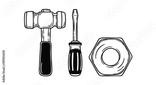 Vintage Illustration of Hammer Screwdriver and Nut.