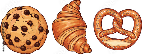 Bakery snack illustration set. Chocolate chip cookie, butter croissant and salted pretzel. Fresh baked goods collection in realistic cartoon style.