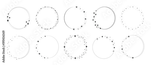 Different Star circle frame set. Shiny star circle frame .Modern minimalist aesthetic line elements. round of magic twinkle stars trace .Vector illustration.