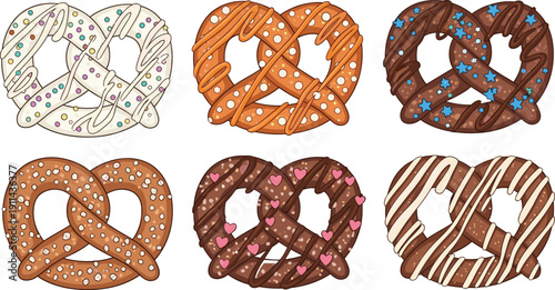Decorated pretzel illustration set. Chocolate and glazed sweet bakery snacks with sprinkles. Heart and classic pretzel shapes for festive dessert design.