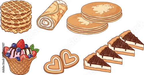 Waffle, crepe and dessert illustration set. Pancakes, berry waffle bowl and chocolate cake slices. Sweet breakfast bakery collection in cartoon style.