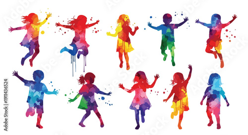 Watercolor Silhouettes of Joyful Children Jumping and Dancing.