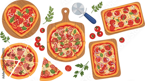 Assorted pizza illustration set. Round and rectangular Italian pizzas with fresh toppings. Heart shaped and sliced pizza collection on wooden boards.