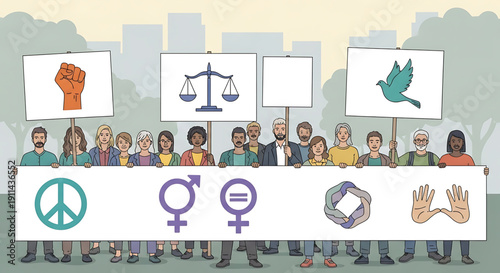 Diverse group of people protesting for equality and peace with symbolic signs and banners in a cityscape background