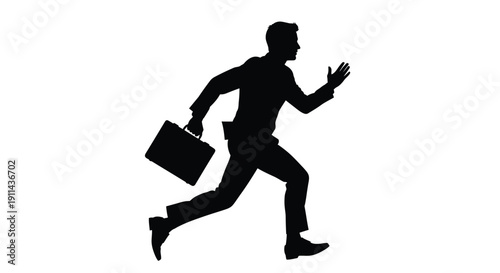 Silhouette of a businessman running with a briefcase in hand