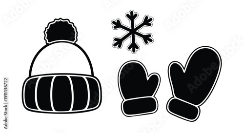 Winter Hat Mittens and Snowflake Icon Set.