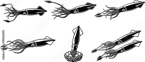 Black and white vector illustration of various dog breeds, Great Dane and small Chihuahua group, pet diversity and canine friendship, isolated