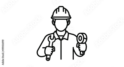 Line art illustration of a construction worker holding tools