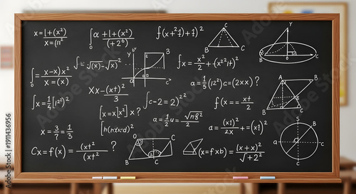 Wallpaper Mural Chalkboard With Mathematical Equations And Geometric Diagrams In A Busy Classroom Setting. A large chalkboard filled with calculus and geometry formulas, diagrams, and shapes Torontodigital.ca