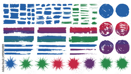 Colorful grunge brush strokes collection vector illustration abstract paint ink splatters and circles set isolated on white background for design