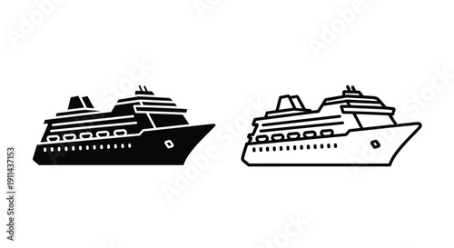 Two black and white illustrations of cruise ships side by side