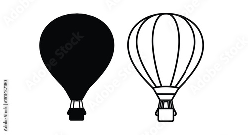Two hot air balloons one solid black and one with line art details