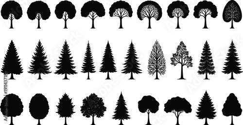 Black tree silhouettes collection, deciduous and conifer tree icons illustration set, isolated forest symbols, minimalist nature graphic design elements