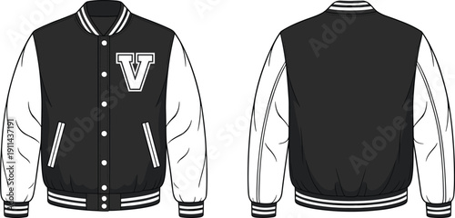 Technical fashion sketch of a classic varsity jacket featuring front and back views with letter V patch ribbed cuffs and snap button closure.