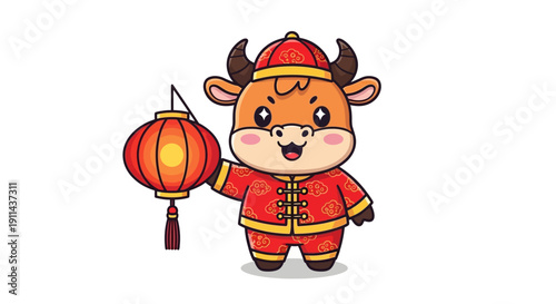 Cartoon ox with lantern festive illustration for celebrations and designs