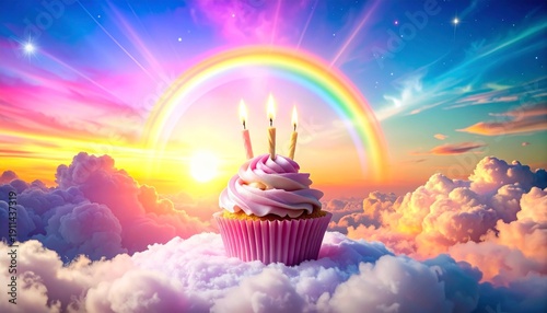 Whimsical Cloud Cake in the Sky, Fluffy Birthday Cake Clouds Floating in a Dreamy Blue Atmosphere, Surreal Sky Scene with Soft Pastel Tones and Fantasy Celebration Vibes