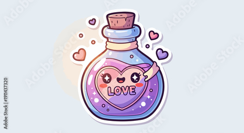 Cute cartoon love potion bottle with a heart label and sparkling liquid, surrounded by small hearts.