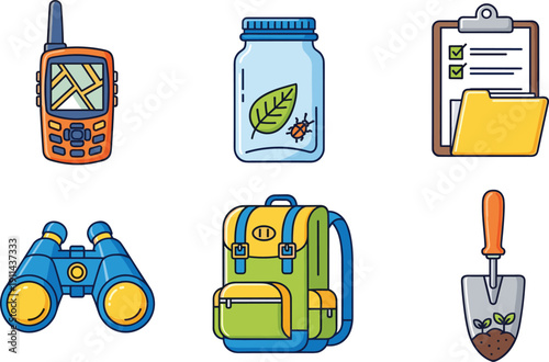 Set of outdoor exploration and nature study vector icons featuring GPS navigator bug jar clipboard binoculars backpack and garden trowel for environmental education camping