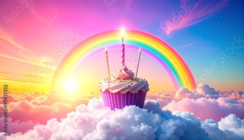 Whimsical Cloud Cake in the Sky, Fluffy Birthday Cake Clouds Floating in a Dreamy Blue Atmosphere, Surreal Sky Scene with Soft Pastel Tones and Fantasy Celebration Vibes