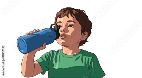 Young boy drinking from a blue water bottle.