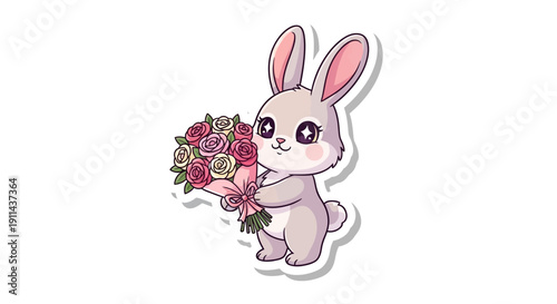 Cute cartoon grey bunny rabbit holding a beautiful bouquet of pink and purple roses, depicted as a sweet sticker graphic.