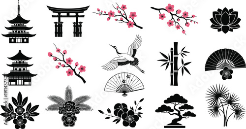 Assortment of Japanese cultural symbols featuring pagodas torii gates blooming cherry branches lotus flowers cranes bamboo and decorative fans