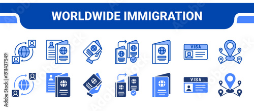 Worldwide Immigration Icon Collection,  featuring Worldwide, Immigration, Citizenship, Naturalization, Passport, Visa, Mobility.