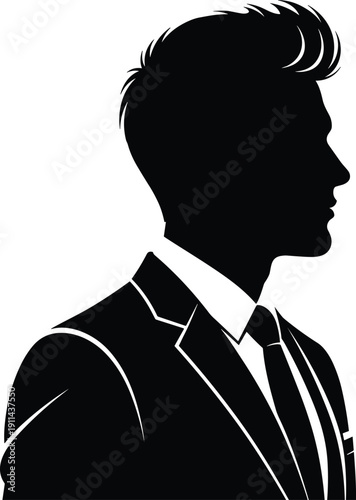 A sharp black silhouette of a man in a suit and tie with a modern hairstyle conveying professionalism and sophistication in a clean style