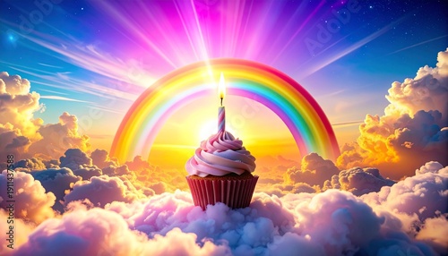 Whimsical Cloud Cake in the Sky, Fluffy Birthday Cake Clouds Floating in a Dreamy Blue Atmosphere, Surreal Sky Scene with Soft Pastel Tones and Fantasy Celebration Vibes