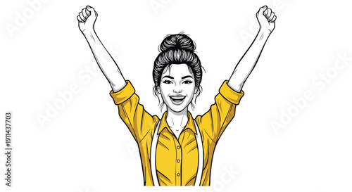 Young Woman Celebrating Success with Arms Raised High.
