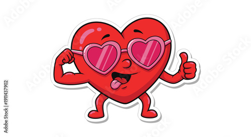 A vibrant cartoon red heart character with pink heart-shaped sunglasses, flexing a bicep, giving a thumbs-up, and sticking out its tongue, exuding confidence and coolness.