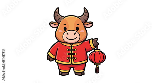 Cartoon ox character in traditional red costume holding a lantern