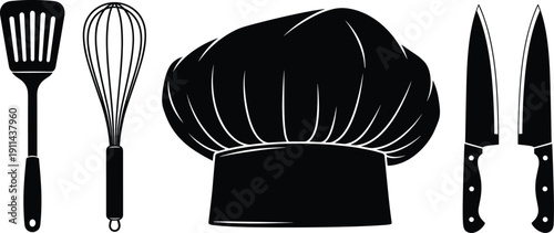 Chef Hat Silhouette Set with Kitchen Utensils Including Spatula Whisk and Professional Knives for Restaurant Branding Cooking Class and Culinary Design