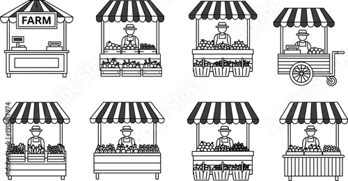 Set of farm market stall vector icons in black and white line art featuring vendors selling fresh organic vegetables and fruits under striped awnings