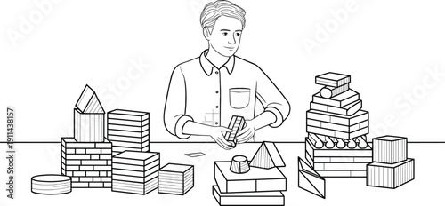 Boy stacking wooden blocks at table, minimalist black and white line art illustration of creative learning play and imagination