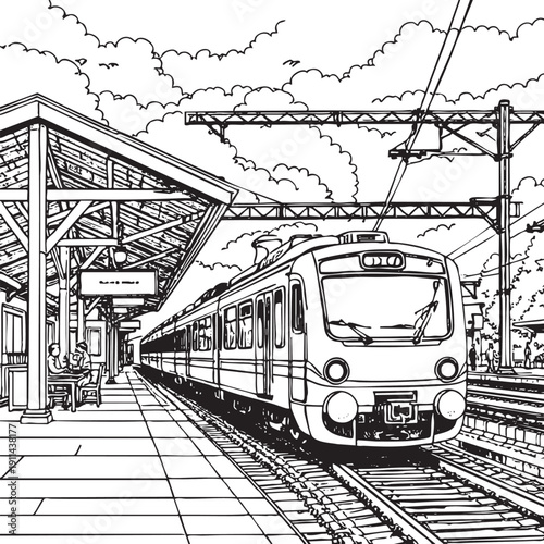 Slika na platnu train, keretaapi, sketsa, drawing, blackwhite, ilustrasion, colouring,