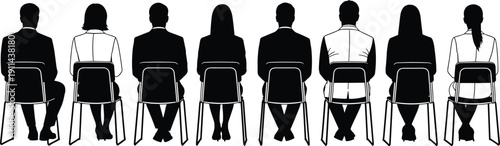 Back view silhouettes of diverse people in formal attire seated on chairs in a row, suggesting a meeting or audience