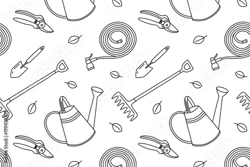 Black and white garden pattern with watering cans, rakes, hoses, trowels, pruners and leaves in doodle style. Flat cartoon vector illustration with hand drawn look, seamless botanical theme