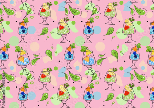 Hard seltzer cocktail with orange, berries and mint in glasses. vector doodle sketch set illustration