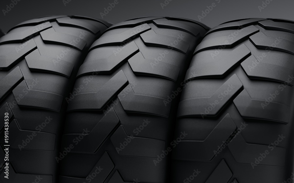 Fototapeta premium Three Premium Black Tires Close Up Realistic 3D Render