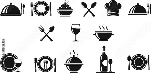Collection of black restaurant dining icons, food and drink symbols, cutlery set, chef hat, wine glass, cloche, dinner plate, cafe