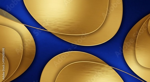 Golden metallic shapes on a deep blue background with white accents.