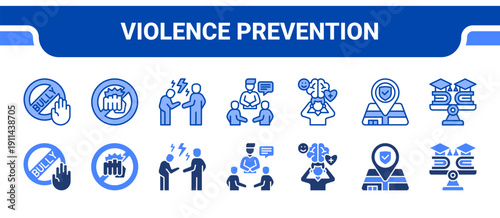 Violence Prevention Icon Collection,  featuring Bullying, Violence prevention, Conflict resolution, Counseling, Mental health, Safe zone, Education.