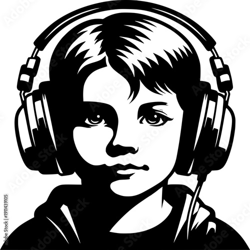 Melody in Monochrome: A young person with large headphones immersed in the world of sound, illustrated with stark black and white contrasts.