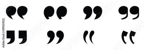 Collection of black quotation marks and brackets in different styles are used to show direct speech dialogue and specific titles of short works like articles or songs.