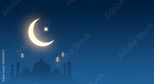 Minimalist Ramadan illustration featuring a glowing crescent moon and subtle mosque silhouette with large copy space and a calm spiritual night atmosphere