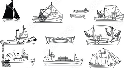 Fishing boats collection vector, hand drawn marine vessels, sailboats and trawlers, nautical transport illustration, isolated maritime set, vintage line art