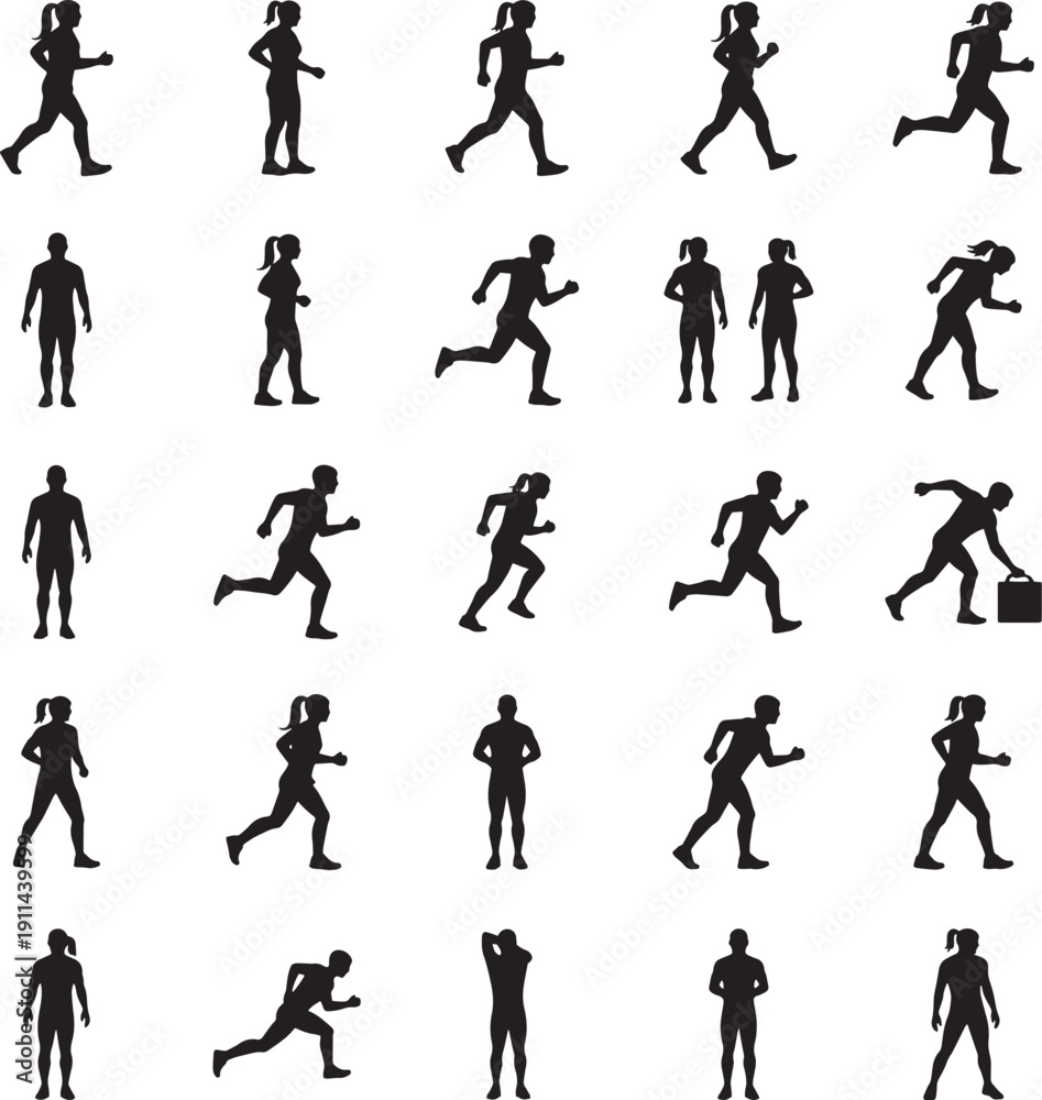 Fototapeta premium Athletic joggers and runners silhouettes in various sporting motions 